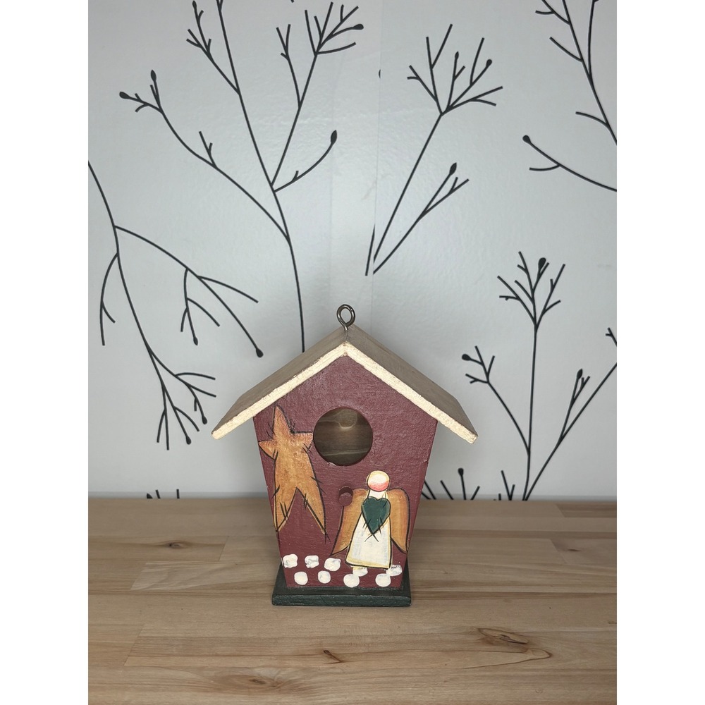 Primitive Folk Art Wooden Birdhouse Angel Star Burgundy Red Decorative Ornament